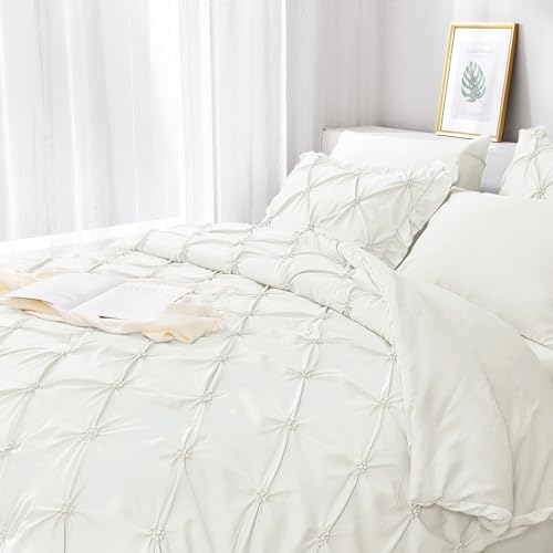 JOLLYVOGUE Ivory King Size Comforter Sets 7 Pieces, Pintuck Bed in a Bag Comforter Set for Bedroom, Bedding Comforter Sets with Comforter, Sheets, Ruffled Shams & Pillowcases