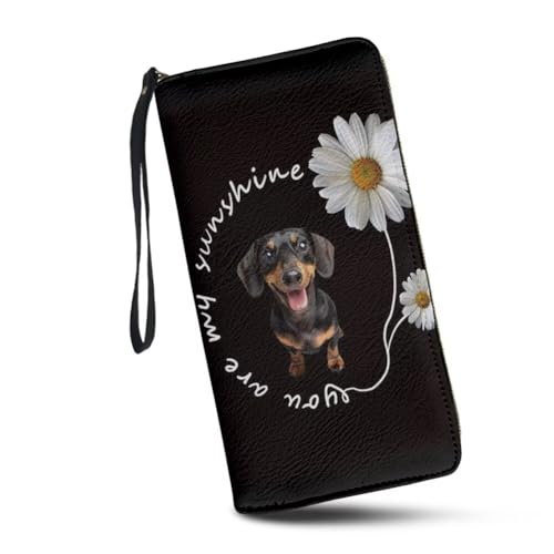 Daisy Dachshund Wallet for Womens You are my Sunshine Leather RFID Blocking Zip Around Card Holder Organizer Ladies Travel Clutch Wristlet
