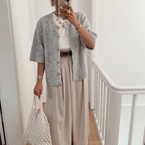 Womens Button Up Short Sleeve Cardigans Sweater Cropped Lightweight Round Neck Elegant Knit Tops with Pockets2