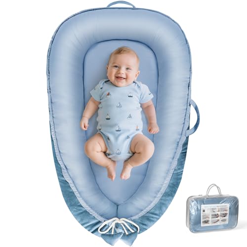 Image of BBWOO Baby Lounger - Baby Lounger for Newborn 0-24 Months, Breathable & Soft Cotton and Velvet Cover Baby Nest, Portable Cozy Infant Lounger for Home and Travel, Ideal Baby Essentials & Shower Gifts