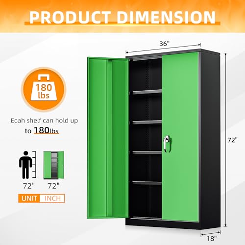 Image of INTERGREAT Metal Storage Cabinet with Doors, 72 inch Locking Steel Storage Cabinet with Shelves, Tall Metal Cabinet Lockable Steel Cabinets for Home Office, Garage,(Black+Green)