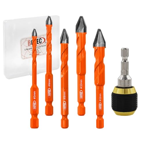 BGTEC High Hardness Skewed Head Eccentric Drill Bits Set-5pcs 5/6/8/10/12mm Carbide-Tipped Drill bit with 1pc Drill Chuck Adapter for Wood Plastic Masonry Ceramic Tile Glass Concrete Marble Brick