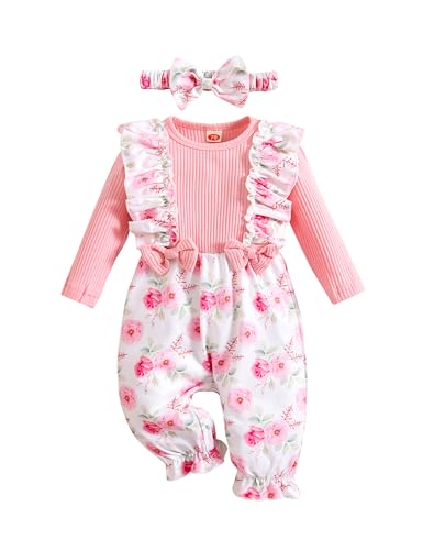 Image of Baby Girl Clothes Romper Long Sleeve Floral Ruffle Suspender Jumpsuit Headband Newborn Infant Girl Spring 2pcs Outfit