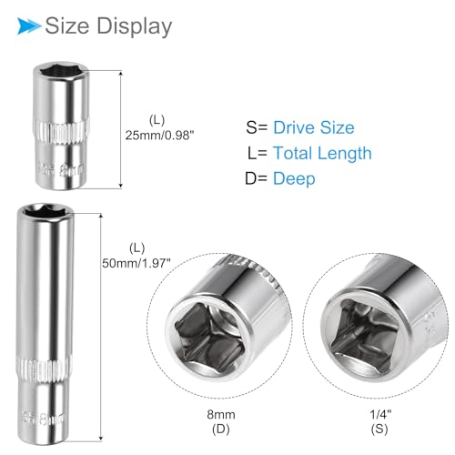 Image of 6-Point Socket, 1 /4 inch Drive 8mm Deep, Polished Chromed CR-V Metric Deep and Shallow Impact Socket - (Applications: for Ratchet Torque Electric Wrenches Car Repair), 2-Pieces