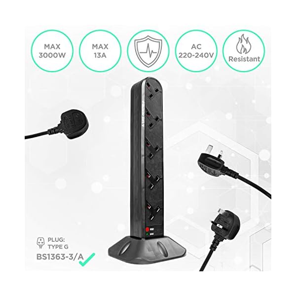 Duronic 10 Way Extension Tower ST10 | 10-Gang Power Strip Lead | Surge & Spike Protector | For UK Plug Sockets | Electric Multi Plug Adapter | Max 3000W Capacity | 1.8 Metre/180cm Power Cable - Image 7