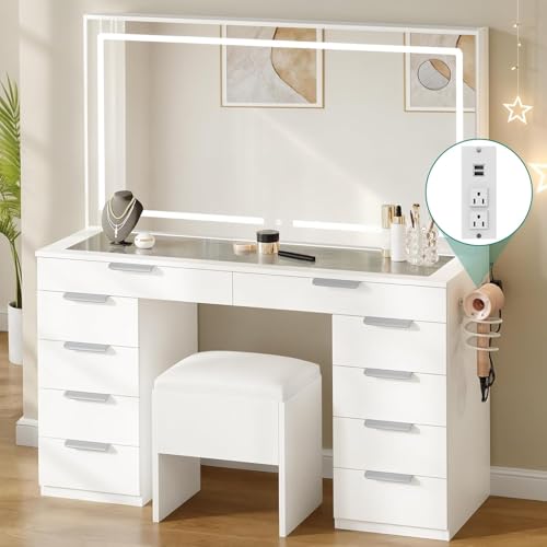 YITAHOME Makeup Vanity with Light Strip & Extra-Large Mirror, 10-Drawer Vanity Table Set with Power Hub & Hair Dryer Rack, Glass Top Vanity with 3 Color Modes Adjustment, Storage Bench for Bedroom