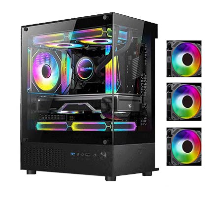Gaming PC Case with Pre-Installed 3 * 120MM Color Fans, 270 Degree Panoramic Design, Supports up to 160MM Radiator, USB 2.0 * 1 and USB3.0 * 1, SSD*1, HDD* 1 Slots Gaming Case (Black,White) (Black)