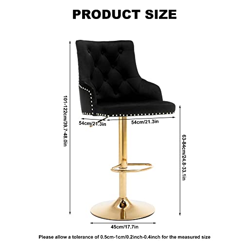 Bar Stool Set Of 2 Black Velvet Adjustable With Tufted Backrest, Counter Height Swivel Chairs Upholstered Modern Barstool Golden Base For Kitchen Island, Home Bar, Dining Room,Pub,Club #TOP2