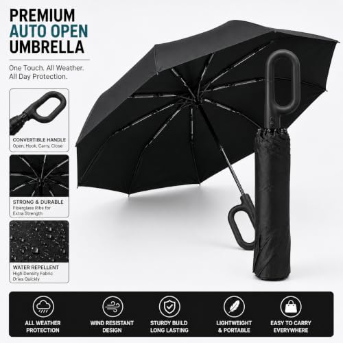 Image of Vasukie Compact Travel Umbrella with Ergonomic C-Shaped Handle, Wind Resistant Folding Umbrella for Men & Women, Lightweight Portable Umbrella for Travel, Office & Daily Use