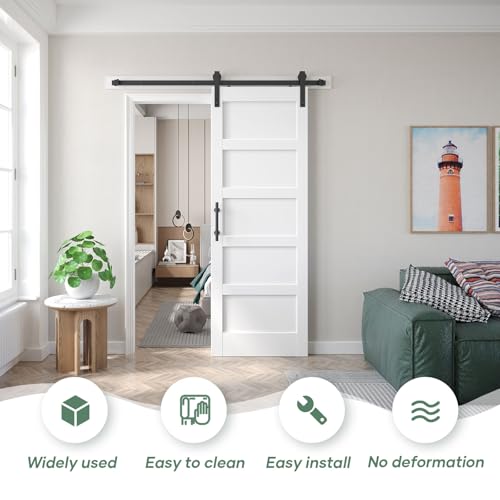 Image of Fredbeck 32inx80in White Barn Door and 5.5FT Sliding Barn Door Hardware Kit Included,Solid,MDF, PVC Surface,DIY Assembly,5-Panel,Fit 29in-31in Opening