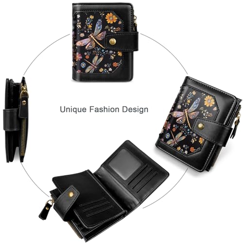 Image of Women Wallet Bifold RFID Blocking Small Credit Card Holder Leather Wallets Cards Case Ladies Purse with Zipper, Dragonfly