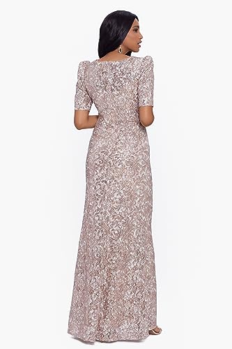 Xscape Women's Long Lace Sequin Side Ruched Dress (Reg and Petite), Sand, 14P2