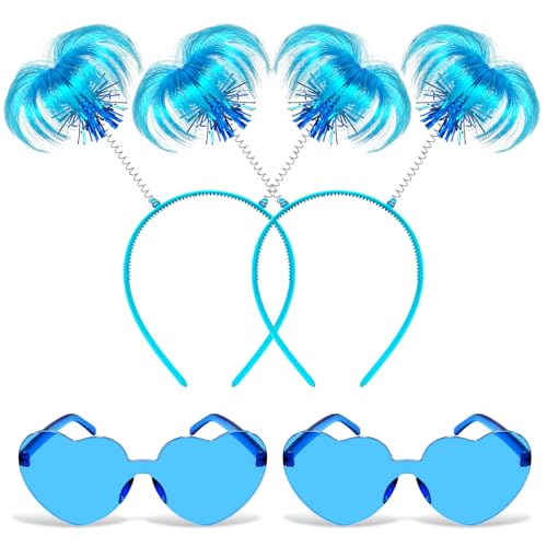 Domkier 4 Pack Blue Ponytail Headband and Heart Sunglasses Feathers Head Bopper Accessory for Costume Cosplay Party School Festivals