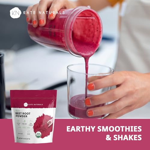 Kate Naturals Organic Beet Root Powder for Smoothies, Baking & Juice. Raw Beetroot Superfood & Natural Red Food Coloring (8oz, Non-GMO, Earthy Flavor)
