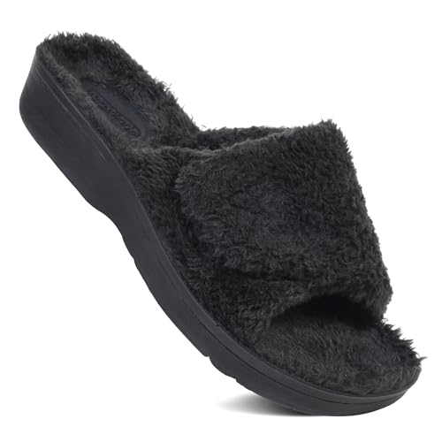AEROTHOTIC Soft Fuzzy Slippers Outdoor and Indoor with Non-Slip Sole Stylish Straps Comfortable Womens Slippers Open Toe Home Travel Vacation Wear
