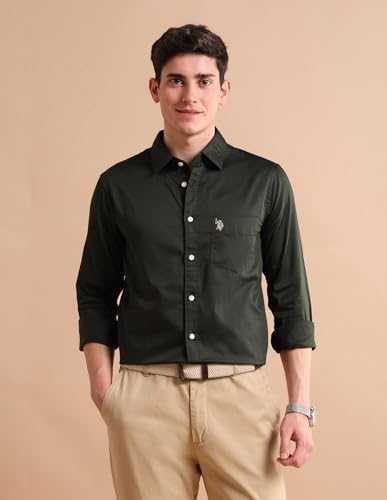 Image of U.S. Polo ASSN. Solid Tailored Fit Shirt for Men - 100% Cotton, Breathable & Comfortable, Full Sleeves Casual Shirt for Men