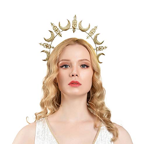 Halo Crown Moon Stars Goddess Crown Halo Headband Bridal Headpiece Tiara Boho Wedding Accessory (style 2-gold)