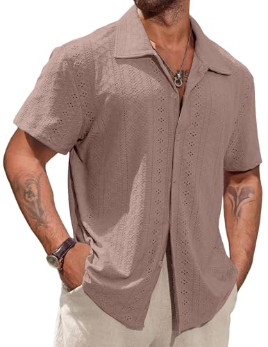 Vssjavun Mens Short Sleeve Button Down Shirts Casual Hollow Out Summer Beach Shirt