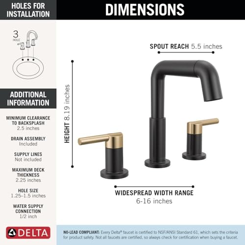 Image of Delta Nicoli Matte Black /Brushed Gold Bathroom Faucet with Sprayer, 8 Inch 3 Hole Widespread Bathroom Sink Faucet with Pull Out Sprayer, Push-Pop Drain, Matte Black /Champagne Bronze 35849LF-GZPD