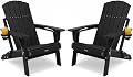 POWERWOOD Folding Adirondack Chair Set of 2, Thicker Plate|Higher Back Plastic Adirondack Chairs with Cup Holder, Composite Chair Weather Resistant for Outdoor, Patio, Lawn, Fire Pit Chairs(Black)