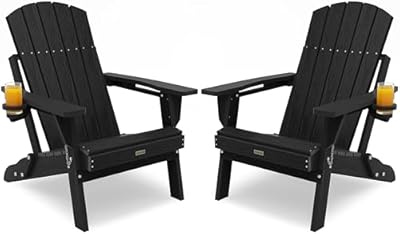 POWERWOOD Folding Adirondack Chair Set of 2, Thicker Plate|Higher Back Plastic Adirondack Chairs with Cup Holder, Composite Chair Weather Resistant for Outdoor, Patio, Lawn, Fire Pit Chairs(Black)