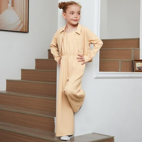 Image of Perfashion Girls 2 Piece Outfits Cotton Linen Jumpsuit Set Button Down Shirt Pants Sets School Clothes 6-15Y