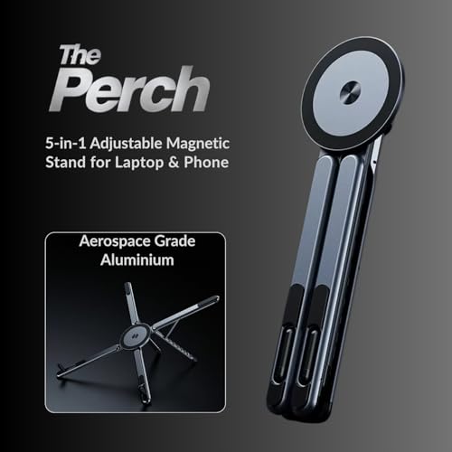 Image of The Perch 5-in-1 Adjustable Phone & Laptop Magnetic Stand | 8 Angle Foldable Aluminium Desk Riser for Magsafe, MacBook, Tablet, iPad, Books & Mobile (Silver)