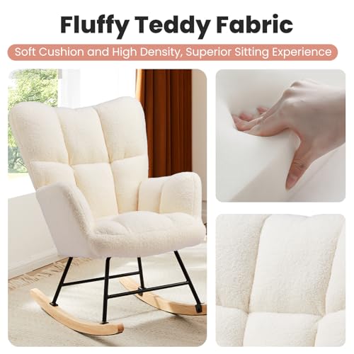 DUMOS Schaukelstuhl, Teddy-gepolsterter Sessel mit Hoher Rückenlehne, Moderner Stil Schminktisch Stuhl, Komfortabler Rückenlese-Ohrensessel, geeignet für Wohnzimmer, Schlafzimmer (Weiß)