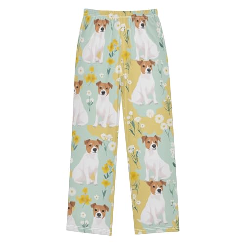 Jack Russell Dog Daisy Flowers Boys Long Pants Soft Trousers Elastic Waist Kids Lounge Bottoms with Pockets S-XL