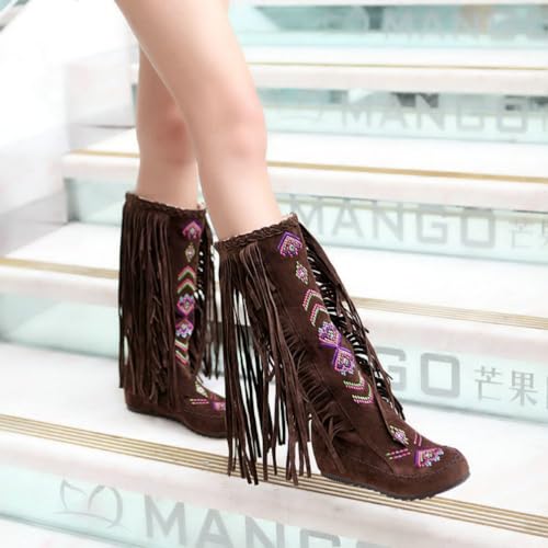 BORAMAX Women's Fringe Western Boots, Suede Embroidered Closure Fringe Mid Calf Knee High Flat Boots Long Snow Tassel Boots3