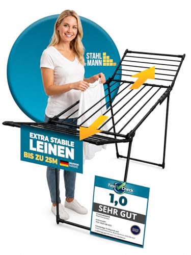 STAHLMANN Wäscheständer ausziehbar mit Flügel [25M Trockenfläche ] - WäscheständerXXL [Made IN EU] - Wäscheständerschwarz mit Klemmen für kleine Wäschestücke