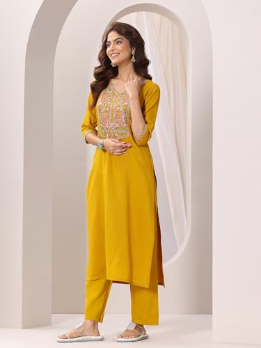 Image of Libas Gerua Womens Embellished Silk Blend Straight Kurta With Trousers and Dupatta