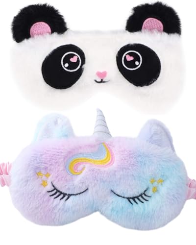 QLEUIFT 2 pcs Antifaz para Dormir para Niñas Unicornio Máscara de Sueño Suave Sombra para Dormir para Mujeres y Niñas Viajar Descansar Panda Blanco, Versión Panda y Unicornio