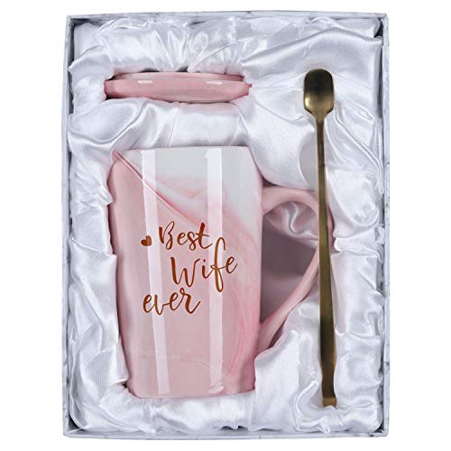 Valentines Day Gifts Caramic Coffee Mug for Wife Best Wife Ever Marble Coffee Mug for Wife Wifey， 14 Oz Pink Marble Mug with Spoons