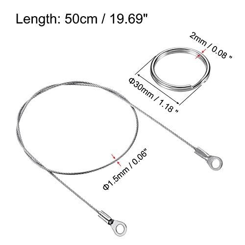 Image of PATIKIL Stainless Steel Lanyard Cable 1.5mmx50cm, 10 Pack Eyelets Ended Security Wire Rope with 20 Pack Key Ring