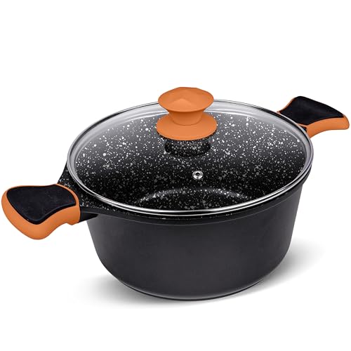 La Moustache - Cacerola Alta 28 cm, Aluminio Fundido con Antiadherente y Antirayaduras para Todas las Cocinas, Incluida Inducción, Sin PFOA, Tapa de Cristal, Asas de Silicona (Negro/Naranja)