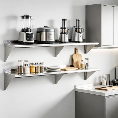 Image of Hally Stainless Steel Shelf Wall Mounted Metal Shelf Wall Shelf 12 x 72 NSF Heavy Duty 345 lb Capacity, Commercial Wall Mounted Storage Rack for Kitchen, Garage, Laundry Room 2 Pack