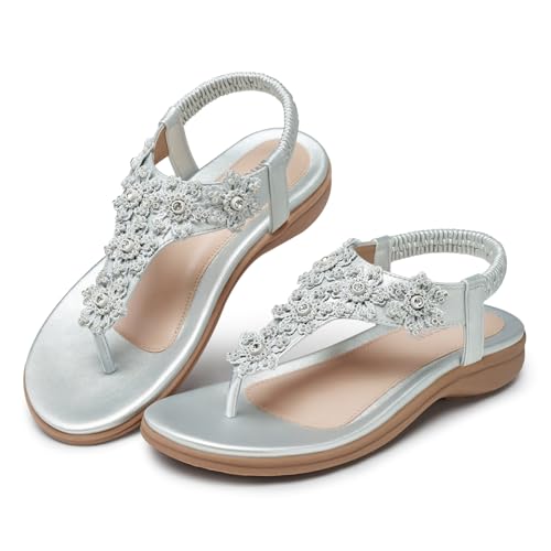 Image of TEMOFON Sandals for Women Flat Dressy Summer Flower Sandals with Ankle Strap Comfortable Casual Walking Flat Sandals Size 5-11