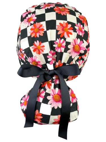 Image of Scrub Cap for Women and Men, Ponytail Scrub Caps, Working Hat, Head Cover with Ribbon Ties and Buttons, Long Hair