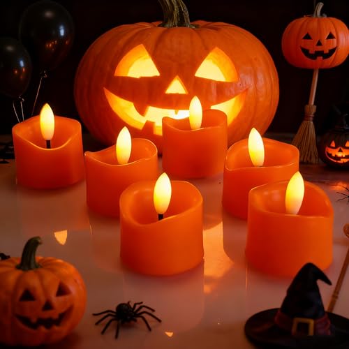Image of CANDLE CHOICE Battery Operated Flameless Tea Lights Realistic Black Wick Bright Flickering LED Tealight Votive Candles Wedding Party Table Halloween Christmas Decorations Batteries Incl. 6 Pack Orange