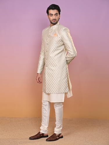 Men's Off-White Jacquard Indowestern Sherwani Kurta & Pajama Set - Regular Fit, Mandarin Collar |Indian Ethnic3