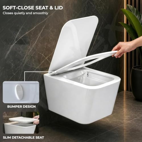 Image of Plantex Imported Italica Ceramic Rimless Square Washdown Western Toilet /Wall Mounted Commode /P Trap Commode with Soft Close Seat Cover (Glossy White)