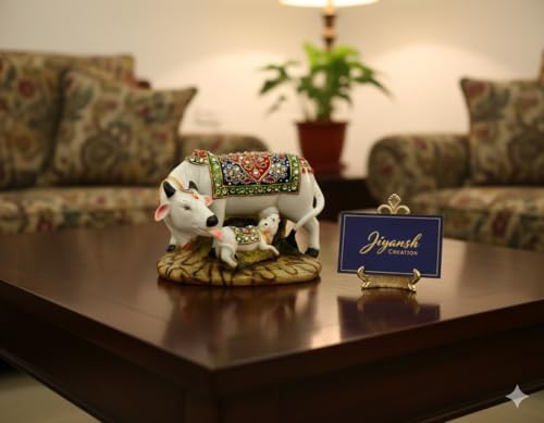 Image of JIYANSH Creation Kamdhenu Cow and Calf Statue for Home Decor - Handcrafted Polyresin Marble Finish Vastu Showpiece for Living Room Pooja Mandir - Large 6 Inch (White Gold)