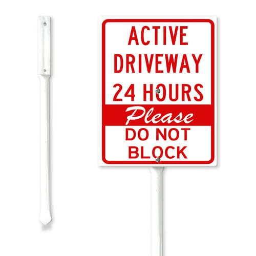 Geroclonup Schild 'Active Driveway 24 Hours Please Do Not Block' mit Metallpfahl, 20 x 30 cm, stabiles, rostfreies, lichtbeständiges Aluminium, Parkverbotsschild für Zuhause, Rasen, Außenbereich