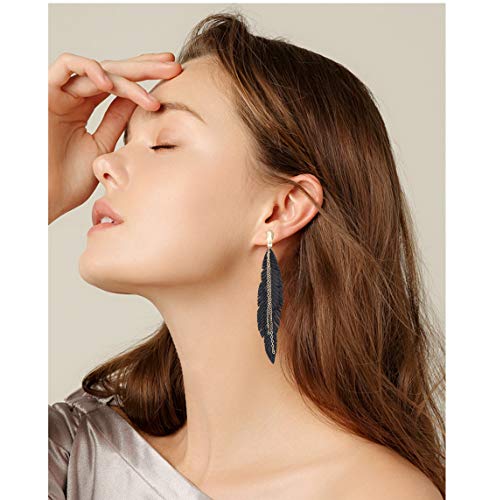 Nvenf Feather Tassel Dangle Earrings For Women Bohemian Faux Leather Plume Gold-Tone Metal Chain Fringe Statement Drop Earrings Vintage Ethnic Style Jewelry (Black) #TOP1