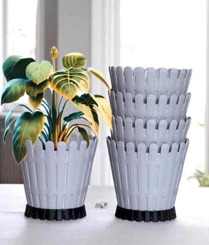 Image of TechHark Decorative Round Planter Pot with Picket Design, Gray with Black Base, 15 cm, Pack of 5