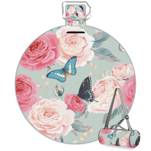 Shimoshe Peony Butterfly Roses Picnic Outdoor Blanket Foldable Waterproof Sandproof Beach Blanket Portable Water-Resistant Round Picnic Mat for Travel Camping Park Lawn