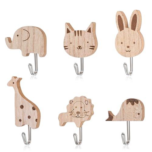 Euablfo 6 Stück Kleiderhaken Kinder, Kindergarderobe Haken aus Holz, Klebehaken,Kinderkleiderhaken, Selbstklebende Garderobe für Schlafzimmer, Kinderzimmer,Garderobe Kinder