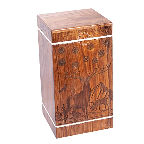 Image of Handcrafted Floral Engraved Wooden Urns for Human Ashes Adult Large - Buck Deer Cremation Urn for Ashes - Burial Urn for Columbarium - Funeral Urn Box (250 LB - Rosewood, Design-2)