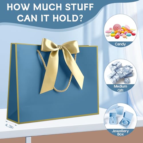 Image of JMANNI Gift Bags with Handles, 11 inch Small Gift Bag for Presents, 2 Pcs Bags with 4 Tissue Paper and 2 Cards for Baby Shower Wedding Bridal Shower Mother's Day Birthday Party (Golden-Blue)